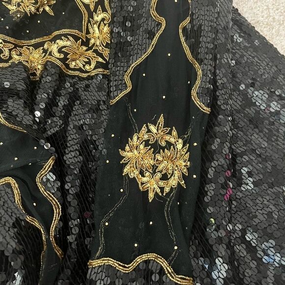 Judith Ann Creations Black & Gold 100% Silk Sequins Beaded Long Sleeve Gown Sz S - Picture 7 of 14